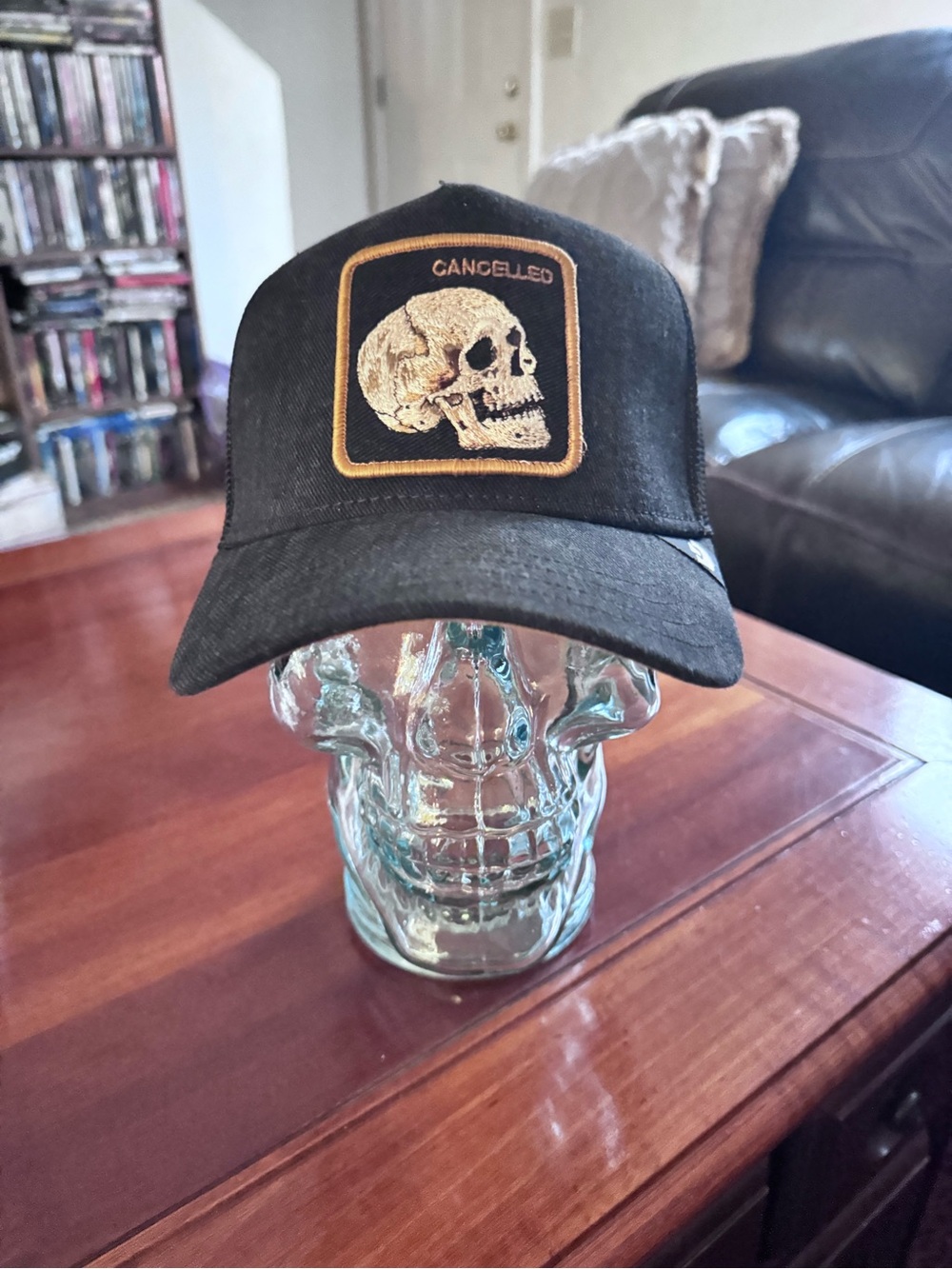 Goorin Bros. Black Denim "CANCELED DENIM SKULL" Gold Patch On Black Denim. NWT